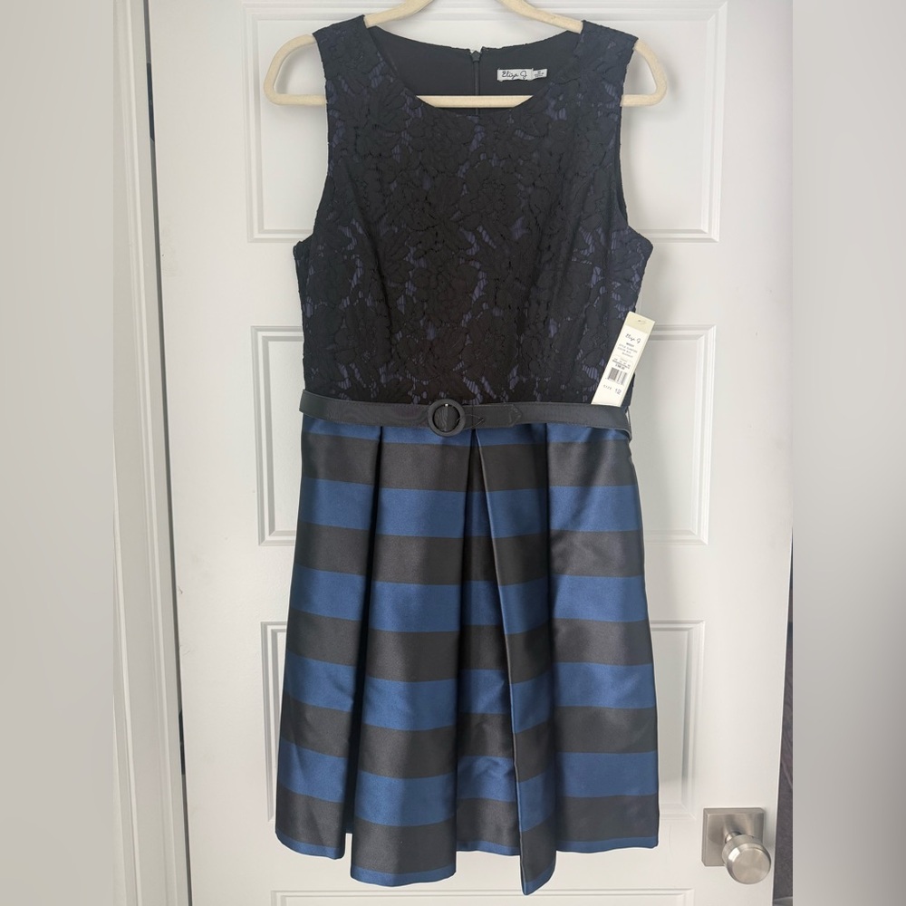 Eliza J Black Lace Overlay Dress with Blue Underlay